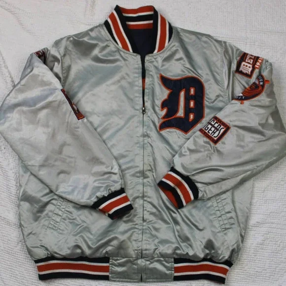 Vintage Detroit Tigers Reversible jacket Silver navy orange Size Large - Picture 1 of 10